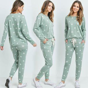 Sage Mint Green Star Lounge Top + Jogger Pants Set